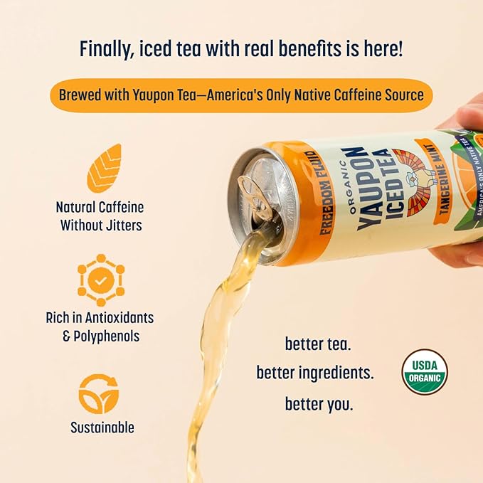 Freedom Fluid Organic Yaupon Iced Tea – Tangerine Mint | Herbal Tea Drink | Lightly Sweetened Low Sugar Low Calories Real Brewed Tea Clean Ingredients Antioxidant Rich Natural Caffeine 12 Pack