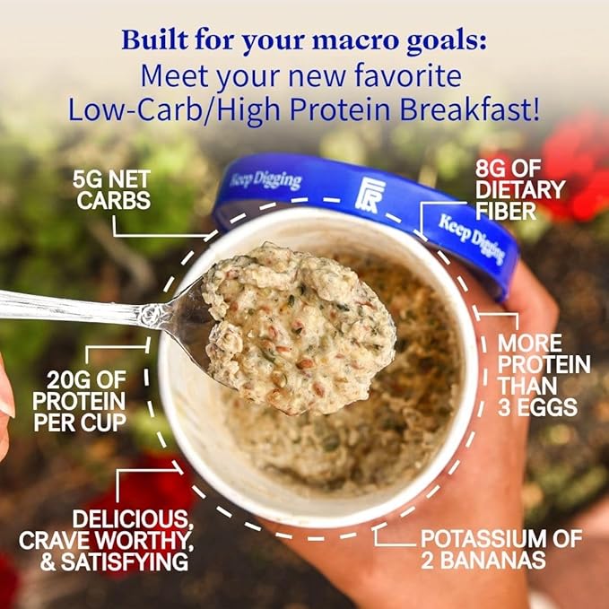 Folk Revival Blueberry Almond Keto Instant 'Oatmeal' - 20g Protein 5g Net Carbs High Fiber Non GMO Gluten Free Made with Acorns - 6 Cups Per Case