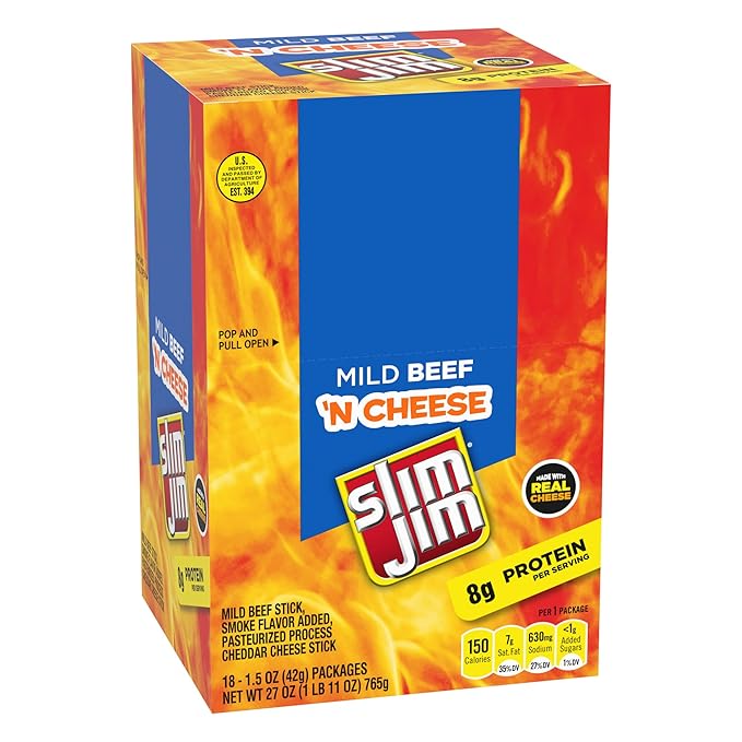 Slim Jim Beef 'N Cheese Smoked Meat Sticks Mild Flavor 8g Protein Per Serving Easter Basket Stuffer for Men 1.5 oz. (18 Count)