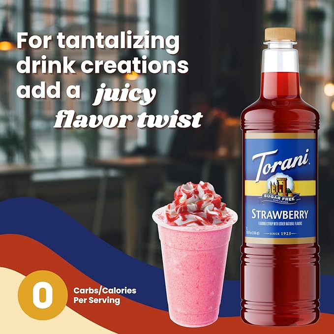 Torani Sugar Free Strawberry Syrup 1 Liter Bottle with Pump – Zero Calorie Keto-Friendly Drink Flavoring for Coffee Cocktails Mocktails Sodas &amp Desserts – No Sugar Low Carb Beverage Enhancer