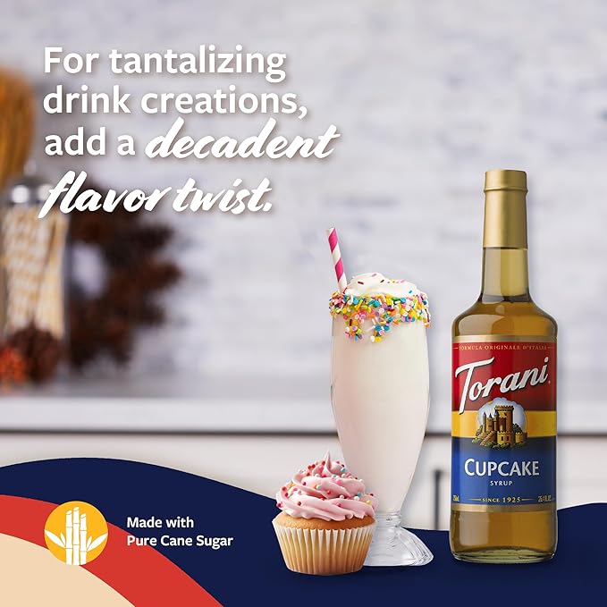 Torani Coffee Syrup Cupcake Flavoring for Drinks Glass Bottle 4-Pack Pumps Included 25.4 Fl Oz Ea
