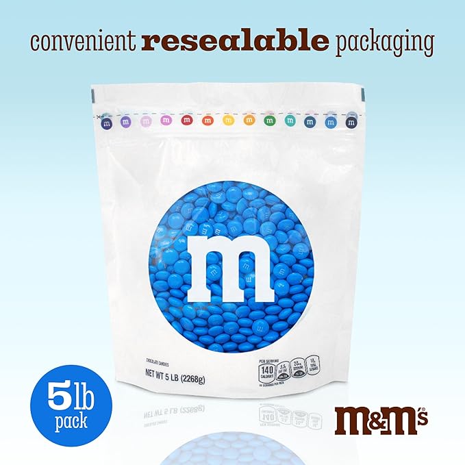 M&ampM’S WORLD Blue Candy Bulk - Milk Chocolate Candy 5 lbs Resealable Pack for Graduation Wedding 4th of July Birthdays Party Favors Boy Baby Showers Gender Reveal Ideas Easter and more