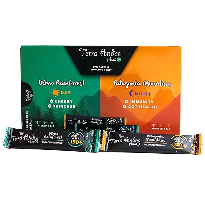 Organic Raw Honey Sachets 24 units by Terra Andes Plus - Ideal for Travel Sports Superfood Snacks and On-the-Go Daily Wellness - Ulmo Rainforest / Patagonia Mountain APF 150 - raw honey organic unfi