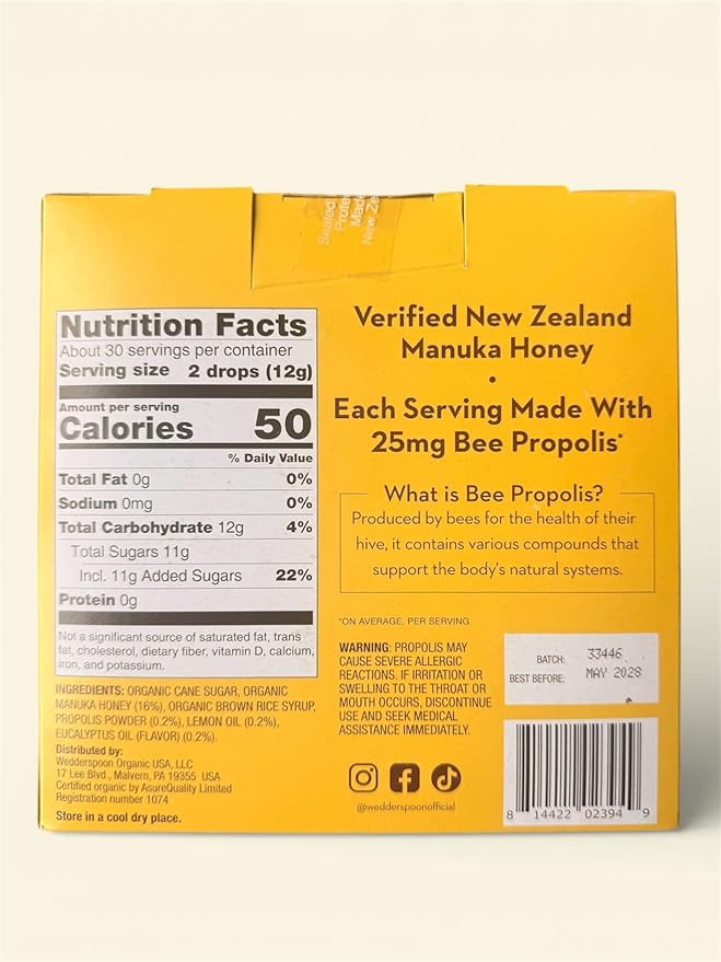 Manuka Honey Drops Lemon Flavor 25mg Bee Propolis USDA Organic Non-GMO 60 Drops 12.7 oz