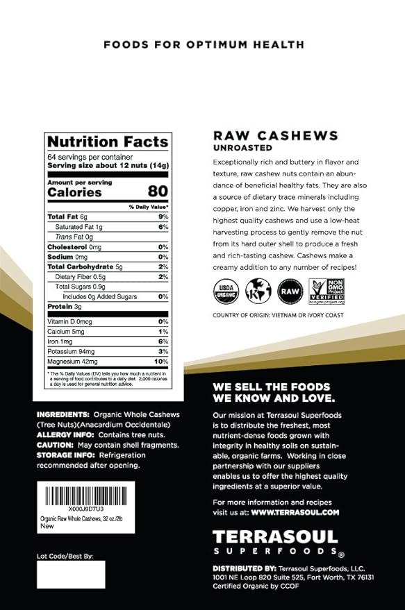 Terrasoul Superfoods Organic Raw Cashews 6 Lbs (Pack of 3) Premium Quality for Snacking Baking and Culinary Creations