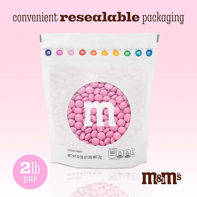M&ampM’S WORLD Pink Milk Chocolate Candy 2lb Resealable Pack for Party Favors Decor Baby Shower Gender Reveal Valentines Day and Dessert Tables
