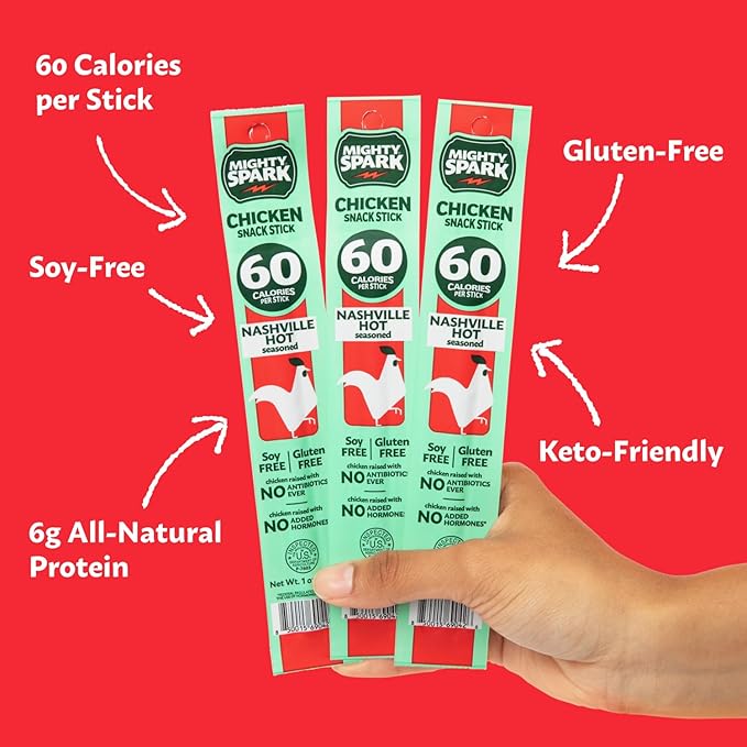 Mighty Spark Chicken Snack Sticks - Nashville Hot - 6g of Protein No Antibiotics No Hormones Gluten Free Soy Free Meat Sticks - High Protein Keto Snacks Weight Watchers Approved - 12 Count