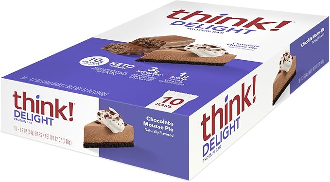 think! Delight Keto Protein Bars Healthy Low Carb Gluten Free Snack - Chocolate Mousse Pie 10 Count (Packaging May Vary)