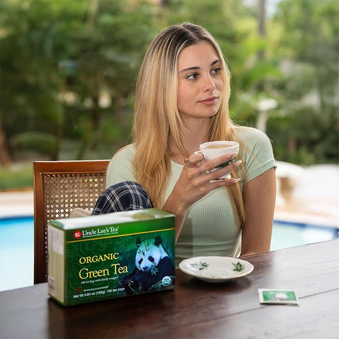 Uncle Lee's Organic Green Tea Bags 4-Pack 106-Count Super Packs – Bright &amp Refreshing Lightly Caffeinated Bulk Tea for Home Office Camping