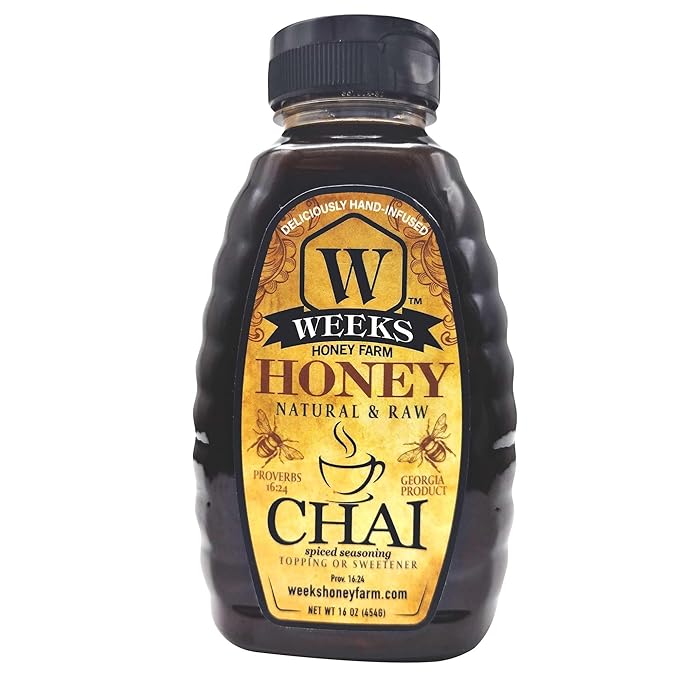 Weeks Chai Honey – Raw Infused Spicy Chai Honey with Brazilian Pepper Gluten-Free Sweetener &amp Topping for Teas Coffees Lattes Ice Cream &amp Desserts – 16 oz Jar