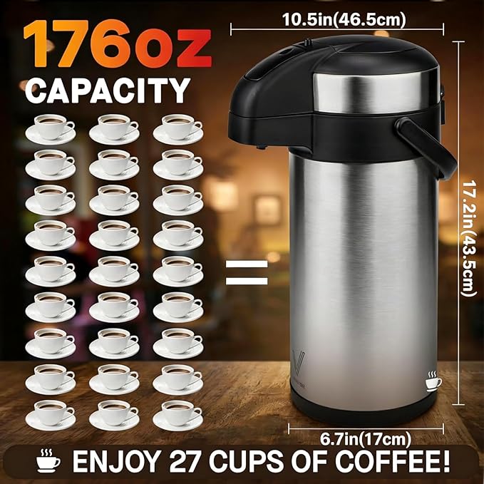 VONDIOR Airpot Coffee Dispenser with Pump - 169 Oz Insulated Stainless Steel Coffee Carafe - Thermal Beverage Dispenser - Coffee Urn for Hot/Cold Water Party Chocolate Drinks