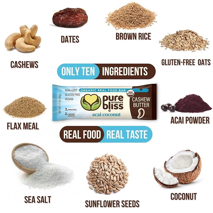 Organic Real Food Bar (Acai Coconut) Non-GMO Gluten Free Vegan Nutrition Bars Energy Bars Super Food Simple Ingredients Best Tasting Healthy Snack Breakfast Bars Dairy Free Soy Free Pure Bl