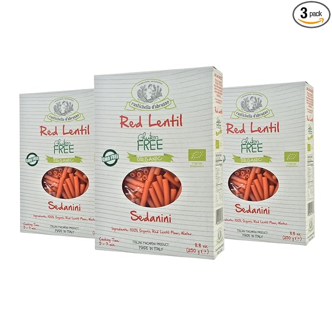 Rustichella d'Abruzzo Organic Red Lentil Sedanini Gluten-Free Pasta Made with 100% Flour Rich in Protein Perfect for Bold Sauces &amp Creative Dishes GMO-Free Vegan 250g 3-Pack