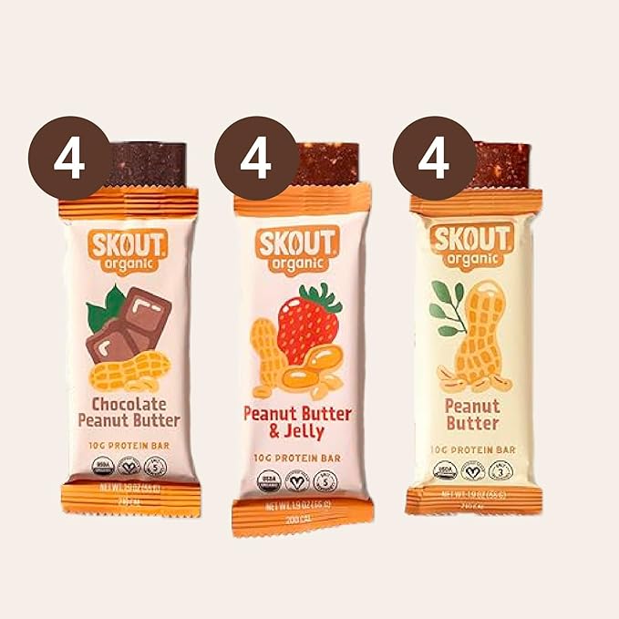 Skout Organic Plant-Based Protein Bars Variety Pack (12 Pack) 3 Flavors - 10g Protein - Vegan Protein Bars - Only 6 Ingredients Or Less - Easy Snack - Gluten Dairy Grain &amp Soy Free