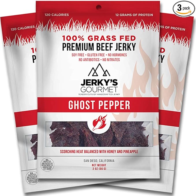 Ghost Pepper Spicy Hot Grass Fed Beef Jerky - 120 Calorie Snacks Gourmet Healthy Soy Free High Protein &amp Gluten Free (3 Packs)