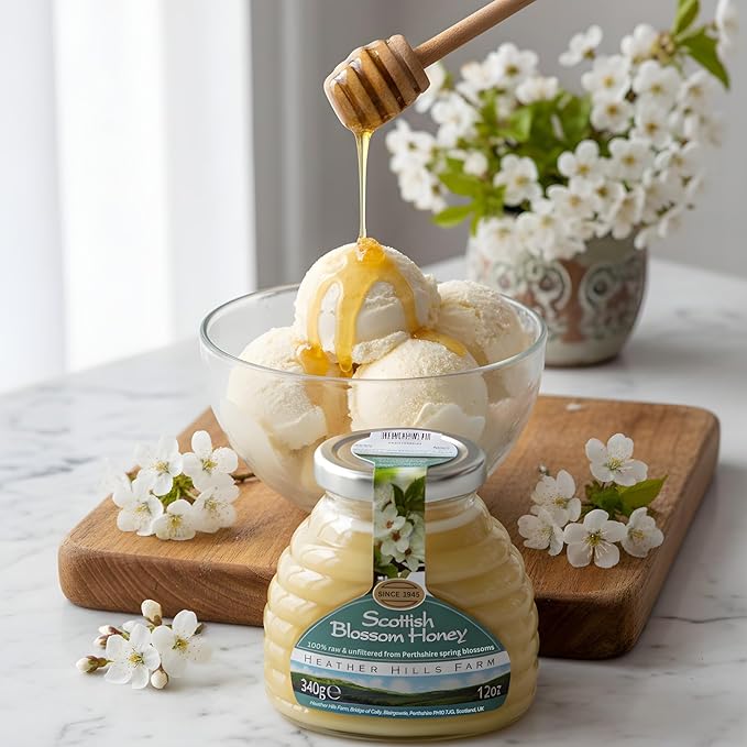 Heather Hills Farm Raw Scottish Blossom Honey Jar 340g (12oz) | 100% Pure Natural Unpasteurized &amp Unfiltered Artisan Honey from Scotland | Made in Highland Perthshire Authentic Scottish Food Gi
