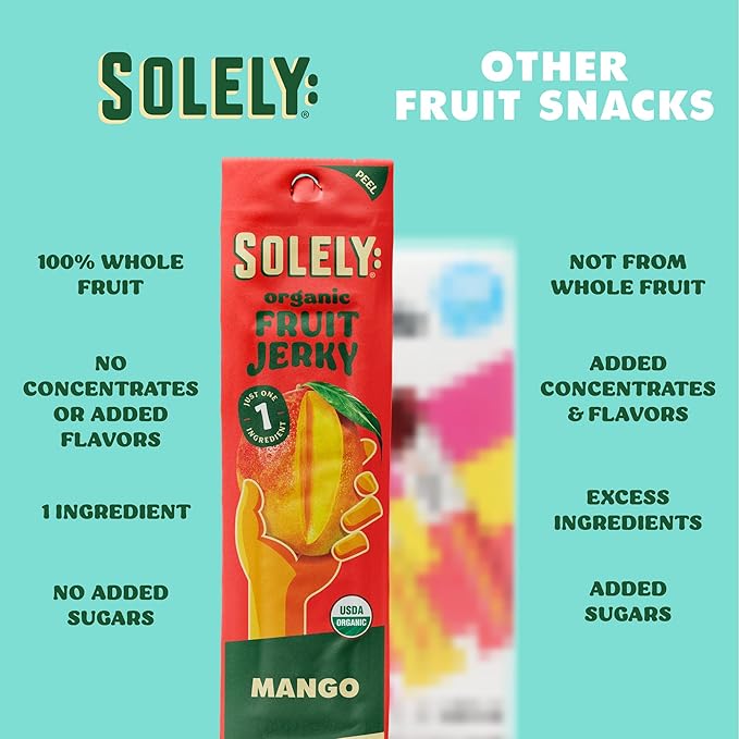 SOLELY - Organic Mango &amp Organic Pineapple Fruit Jerky (10 Mango 6 Pineapple) - Real Fresh Fruit Strips - Healthy Snacks for Adults &amp Kids - Non GMO Vegan Snacks Shelf Stable - 12 Strips (0