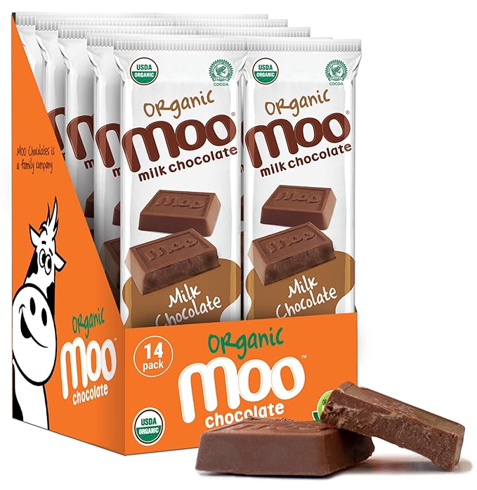 Moo Chocolates Organic Solid Milk Chocolate Large Bars 1.4 oz 14 ct (Pack of 1) | USDA Organic Non-GMO | 110 Calorie Snacks for On-the-Go Lunchboxes Office