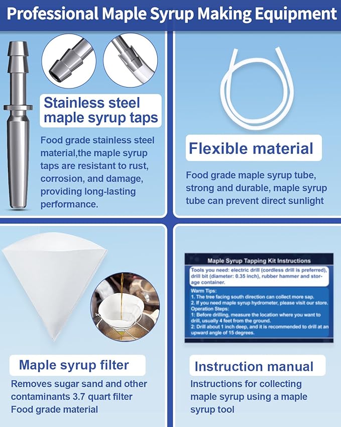 42Pcs Maple Syrup Tapping Kit Maple Tree Tapping Kit with 12 Metal Maple Syrup Spiles 12 Maple Syrup Tubes 12 Hooks 3 Maple Sap Filters Tree Tapping Kit for Maple Syrup Making Equipment