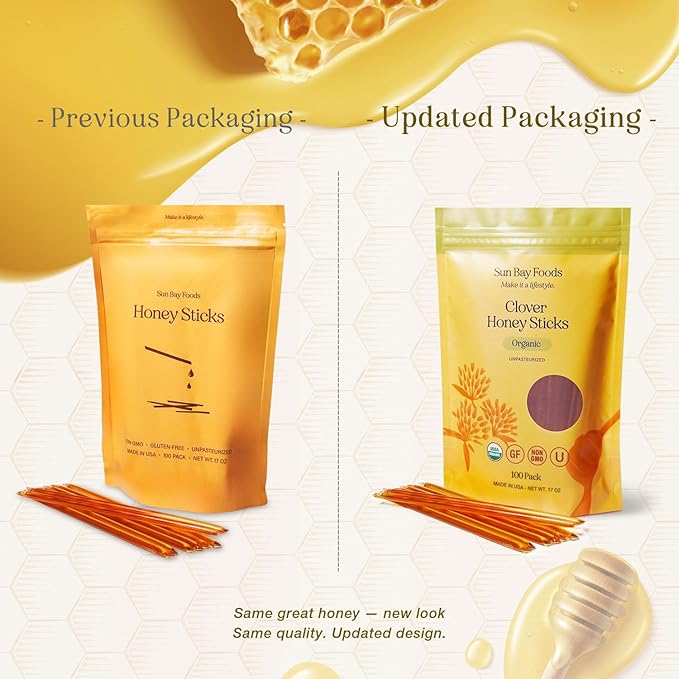 Sunbay Foods Honey Sticks Organic Clover Raw Honey Straws 100% Pure Natural Sweetener for Tea Coffee Snacks and On-the-Go Energy Non-GMO Daily Wellness Support-Made in the USA (100 Count))