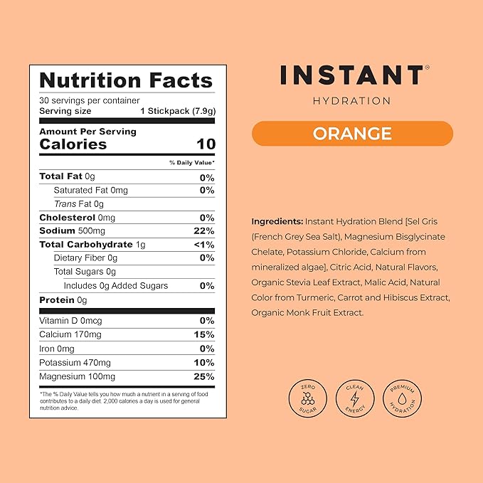 Instant Hydration Electrolytes Powder Packets - Citrus Orange Drink Mix - Zero Sugar - Keto Vegan Gluten-Free Non-GMO - Boost Recovery Brain Health Muscle &amp Tissue Support- 30 Sticks