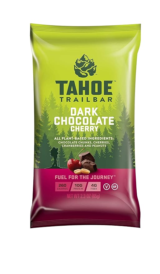 Tahoe Trail Bar Plant-Based Natural Energy Bar (2.3 Ounce Protein Bar 12 Count) High Protein Non-GMO Gluten-Free Vegan Healthy Snacks - Dark Chocolate Cherry