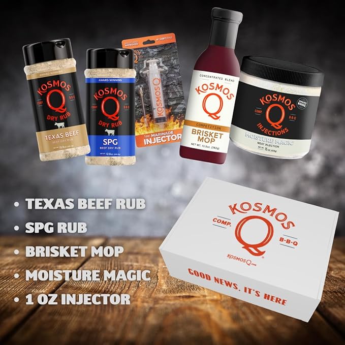 Kosmos Q BBQ Brisket Box Gift Set for Men or Dads Includes Texas Beef Rub SPG Rub Brisket Mop Moisture Magic &amp 1oz Injector Seasoning for Beef Steak &amp More