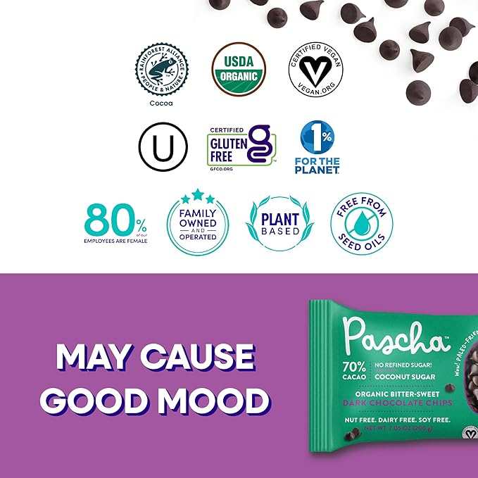 Pascha Organic 70% Cacao Baking Chips - Bittersweet Dark Chocolate with Coconut Sugar - Vegan Non-GMO Rainforest Alliance Certified - Allergen-Free (Pack of 8)