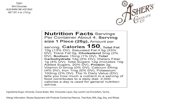 Asher's Chocolates Milk Chocolate Almond Bark Small Batches Sweet and Salty Candy with Almonds Family Owned Since 1892 (1 Pound Milk Chocolate)