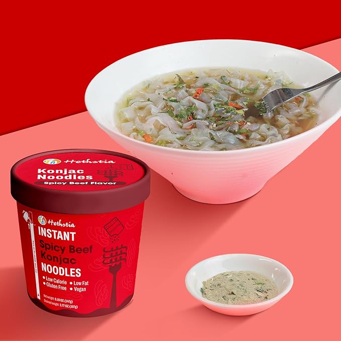 Hethstia Konjac Noodle Spicy Beef Soup 6-Pack Instant Shirataki Pho Soup Cup Low-Calorie 34.32 oz Konjac Pho Pasta Spicy Beef Broth Sugar-Free Low-Carb Gluten-Free Vegan Healthy Asian Meal