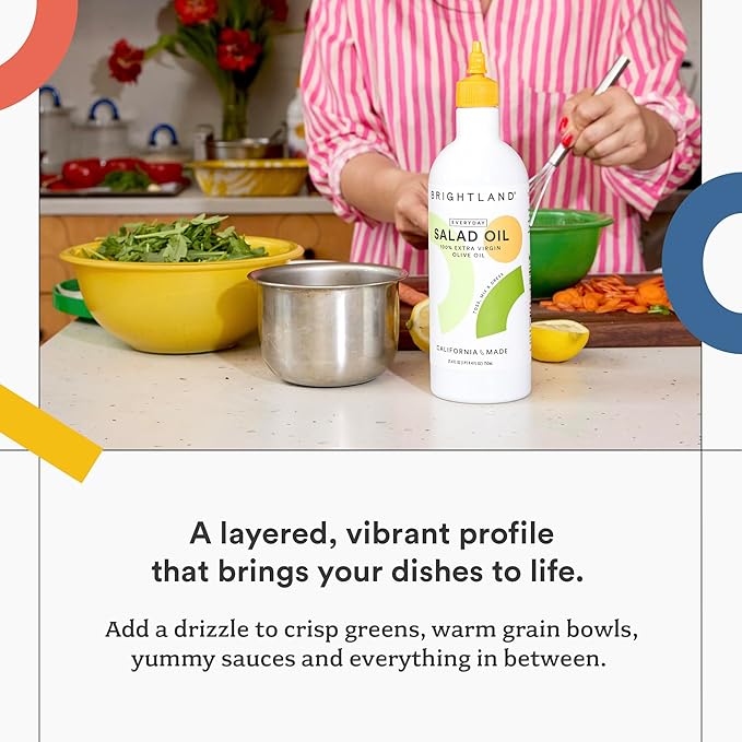 Brightland Everyday Salad Oil Tossng Mixing &amp Dressing - 100% Extra Virgin Olive Oil with Squeeze Bottle - High Polyphenol - Sourced from California Family Farms - 750ml