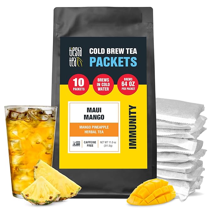 Tiesta Tea - Maui Mango Cold Brew Loose Leaf Mango Pineapple Herbal Tea Premium Non-Caffeinated Blend Cold Brew Packets Makes 64oz Pitcher Per Bag (Pack of 10)