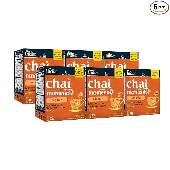 Tea India Chai Moments Masala Chai Tea Instant Latte Mix Flavorful Blend Of Premium Black Tea &amp Natural Ingredients Traditional Indian Caffeinated Tea Individually wrapped 10 Sachets Pack of 6