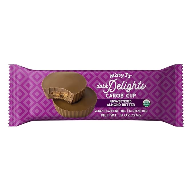 Missy J's Organic Carob Dark Delights Unsweetened Almond Cups 0.9 Oz 12 Pack | Vegan and Gluten-Free Healthy Caffeine Free Substitute for Chocolate Perfect for Snacks and Treats