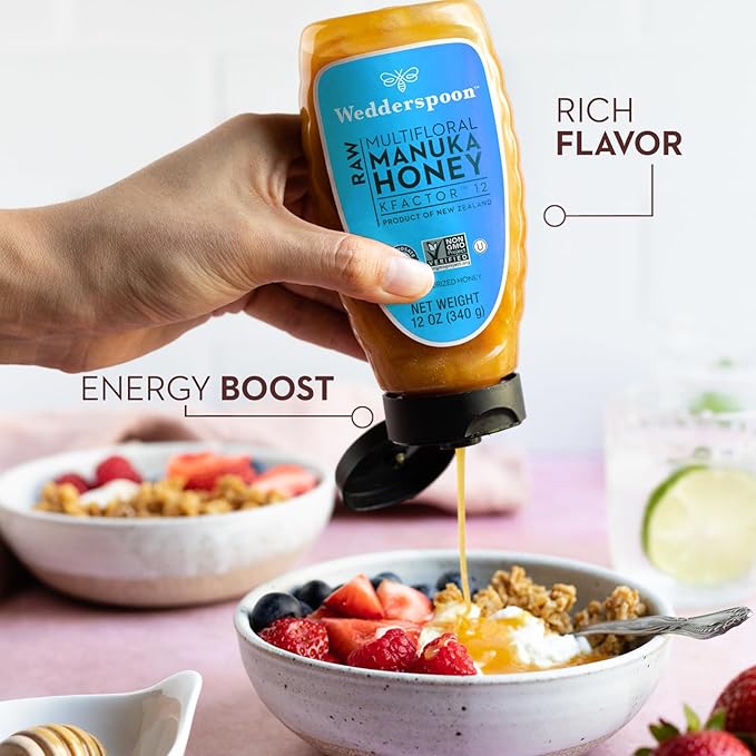 Wedderspoon Raw Premium Manuka Honey KFactor 12 12 Oz Unpasteurized Genuine New Zealand Honey Non-GMO Superfood Traceable from Our Hives to Your Home Convenient Squeeze Bottle