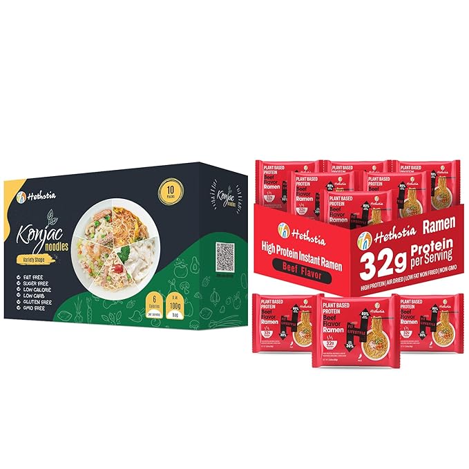 Hethstia Konjac Noodle Variety &amp Spicy Beef High Protein Ramen 10-Pack Low Carb Shirataki Pasta with 6-Pack 32g Plant Protein Ramen Cups Keto Low Calorie Non-GMO Healthy Instant Meal