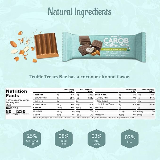 Missy J's Organic Carob Coconut Almond and Sea Salt Truffley Treats 12 Pack Vegan Gluten and Caffeine free Healthy Substitute for Chocolate Perfect for Snacks and Treats
