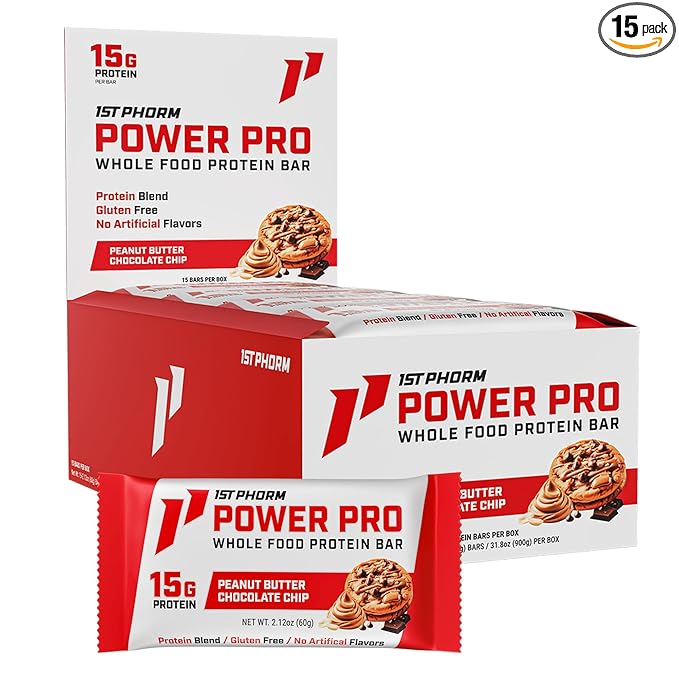 1st Phorm Power Pro Protein Bars Peanut Butter Chocolate Chip Flavor 15G Whole Food Protein Gluten Free Snack Bars for on the Go or Pantry Snacks Made Without Artificial Flavors 15 Count