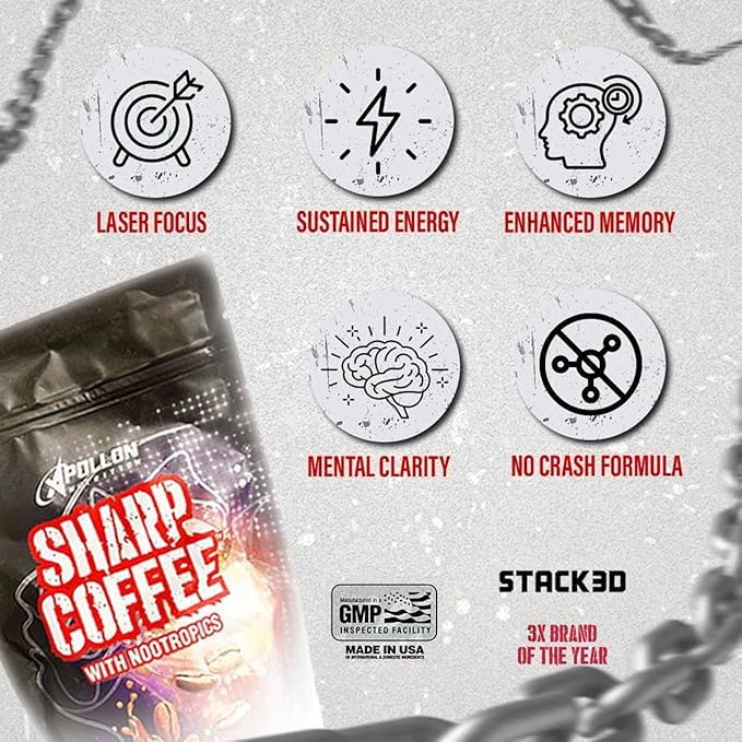 Apollon Nutrition Sharp Coffee – 100% Colombian Coffee + Clinical Nootropics | 350mg Caffeine L-Tyrosine CDP Choline | Focus &amp Energy | 30 Servings