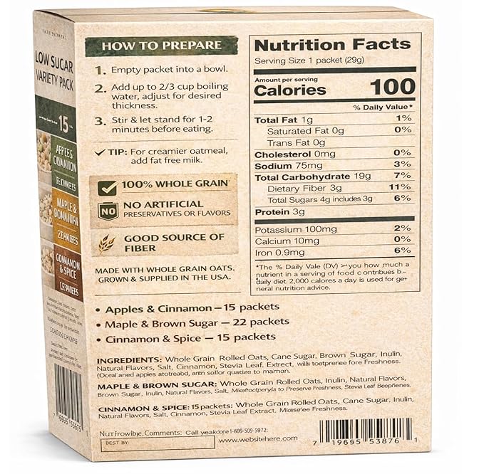 Instant Oatmeal Variety Pack 52 Packets Apples &amp Cinnamon Maple &amp Brown Sugar &amp Cinnamon &amp Spice Whole Grain Breakfast Oats