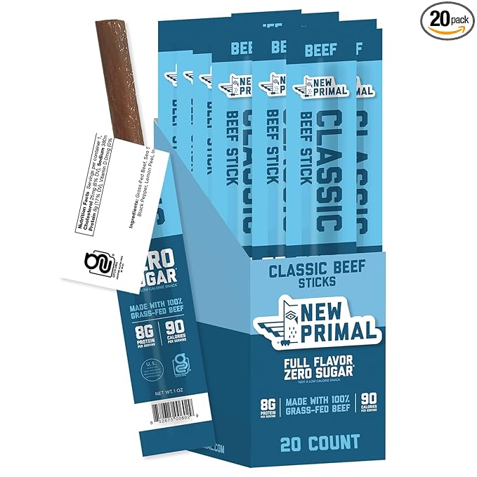 The New Primal Grass Fed Beef Sticks Keto Gluten Free Healthy Snacks for Adults Sugar Free Low Carb High Protein Snack Paleo Whole30 Jerky Meat Stick 8g Protein 90 Calories 20 Pack