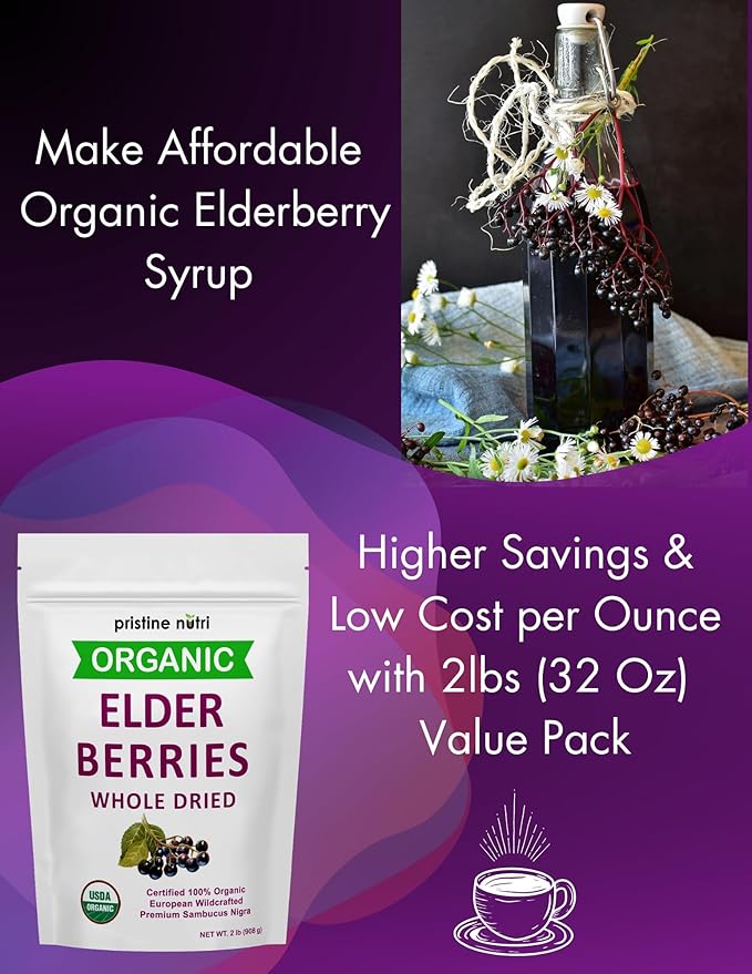 Organic Elderberries Dried Bulk | Whole European Elderberry Dried Wildcrafted All Natural | Non-GMO Non-irradiated | Immunity Booster Antioxidants and Vitamins | Make Syrup Tea| 2 lb (32 oz)