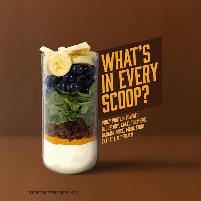 Chocolate Protein Smoothie Powder - 25G Whey Protein + Real Fruits &amp Vegetables - Blueberry Banana Spinach Kale Turmeric Coconut Milk - Smooth Texture Great Taste - 15 Servings