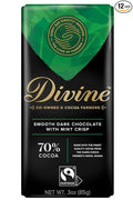 Divine Chocolate Bars - 70% Dark Chocolate with Mint Crisp - Made with Fairtrade Cocoa Natural Ingredients No Artificial Flavors | 3oz. Bars (12 Pack)