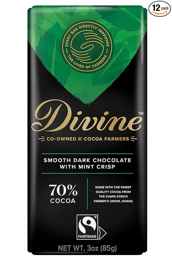 Divine Chocolate Bars - 70% Dark Chocolate with Mint Crisp - Made with Fairtrade Cocoa Natural Ingredients No Artificial Flavors | 3oz. Bars (12 Pack)