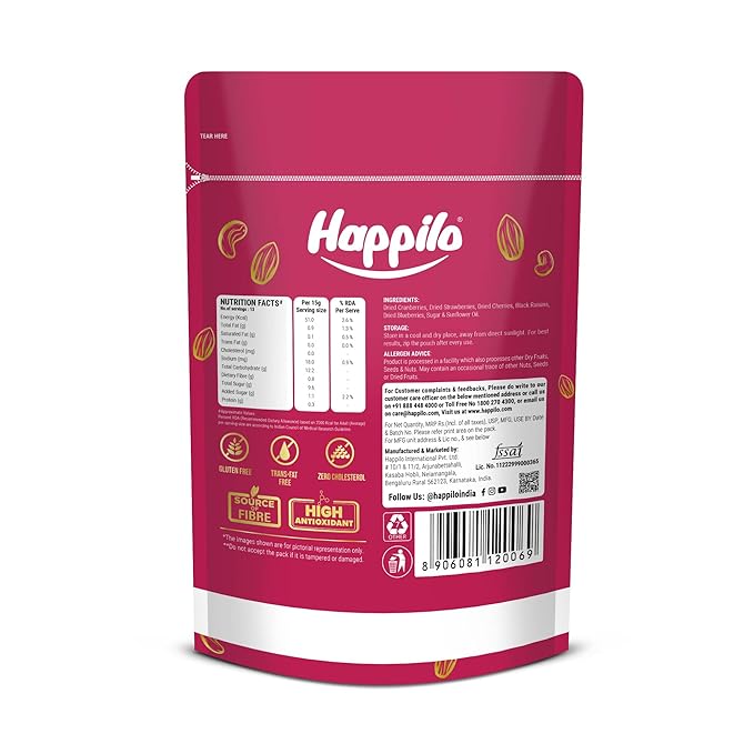 Happilo Premium Dried Super Mix Berries 200gm | Tasty &amp Healthy Berries | Rich in Antioxidant | Contains Dried Strawberries Cranberries Cherry &amp Raisins Mix | Real Dried Berries