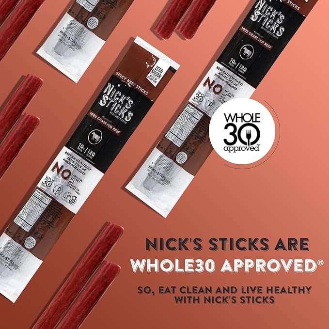 Nick's Sticks Clean &amp Balanced 100% Grass-Fed Spicy Beef Snack Sticks | Made in the USA | Gluten Free | Paleo Keto Whole30 Approved | No Soy Antibiotics or Hormones (12 – 1.7oz. Packages of 2 S