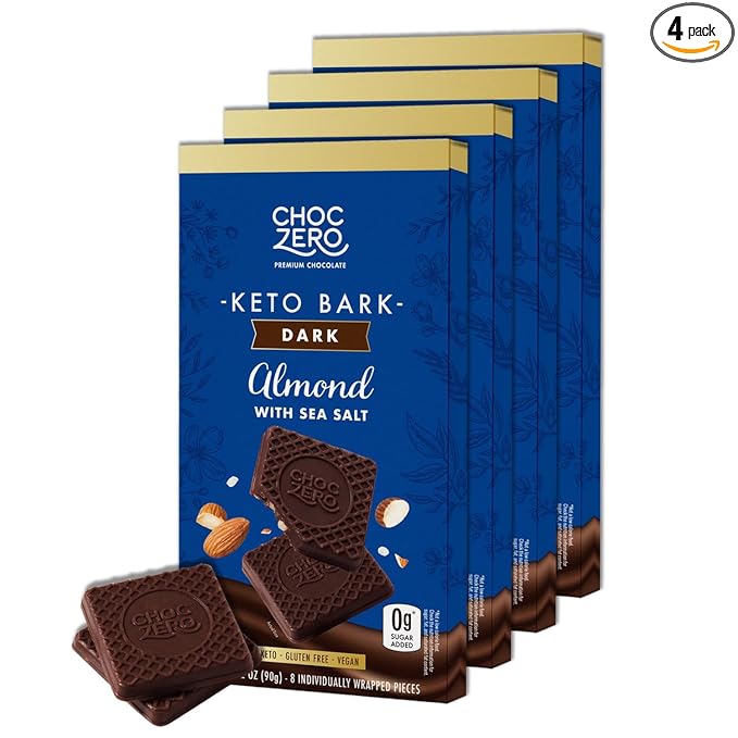 ChocZero Dark Chocolate Almond Bark with Sea Salt Sugar Free Vegan Low Carb High Fiber Keto Friendly No Sugar Alcohols (4 Count 3.2oz Boxes)