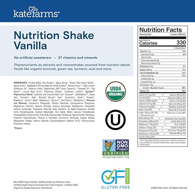 KATE FARMS Organic Nutrition Shake Vanilla 16g Protein 27 Vitamins and Minerals Protein Meal Replacement Drink &amp Shake 11 oz (12 Pack)