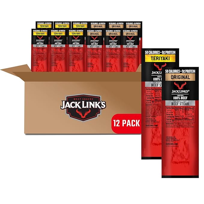 Jack Link's Beef Steak Original and Teriyaki - Protein Snacks Meat Snack Good Source of Protein Made with 100% Beef Individually Wrapped Bulk Snack Pack - 0.8 Oz. (12 Count)